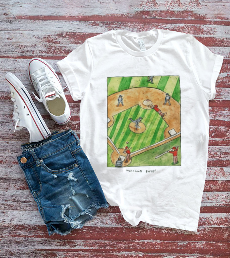 Second Base Baseball Cartoon Humor Action Play Scene T-Shirt
