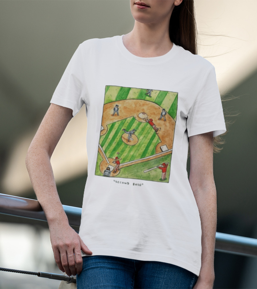 Second Base Baseball Cartoon Humor Action Play Scene T-Shirt