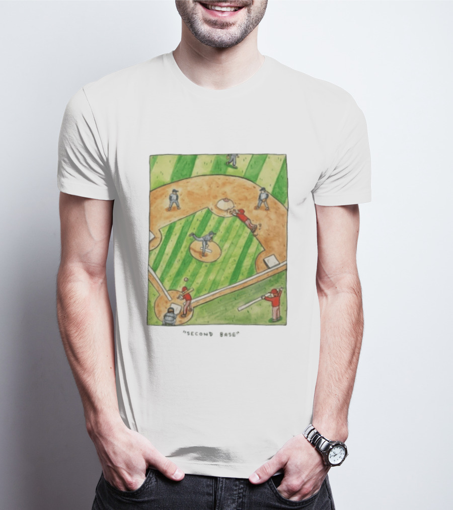 Second Base Baseball Cartoon Humor Action Play Scene T-Shirt