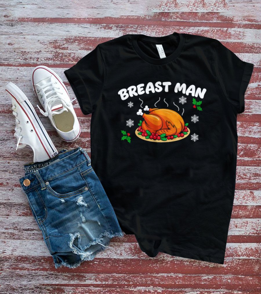 Breast Man Thanksgiving Turkey Holiday Dinner Snowflakes Holly T-Shirt