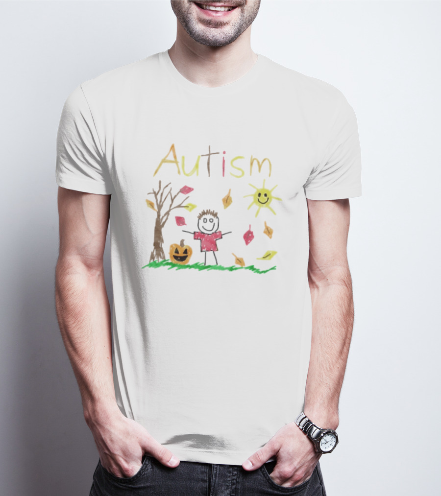 Autism Awareness Child With Pumpkin Autumn Leaves Sun And Tree T-Shirt