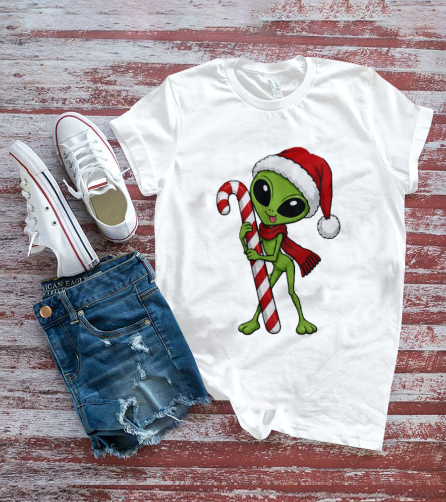 Green Santa Hat Alien With Red Scarf Holding Candy Cane Christmas T-Shirt