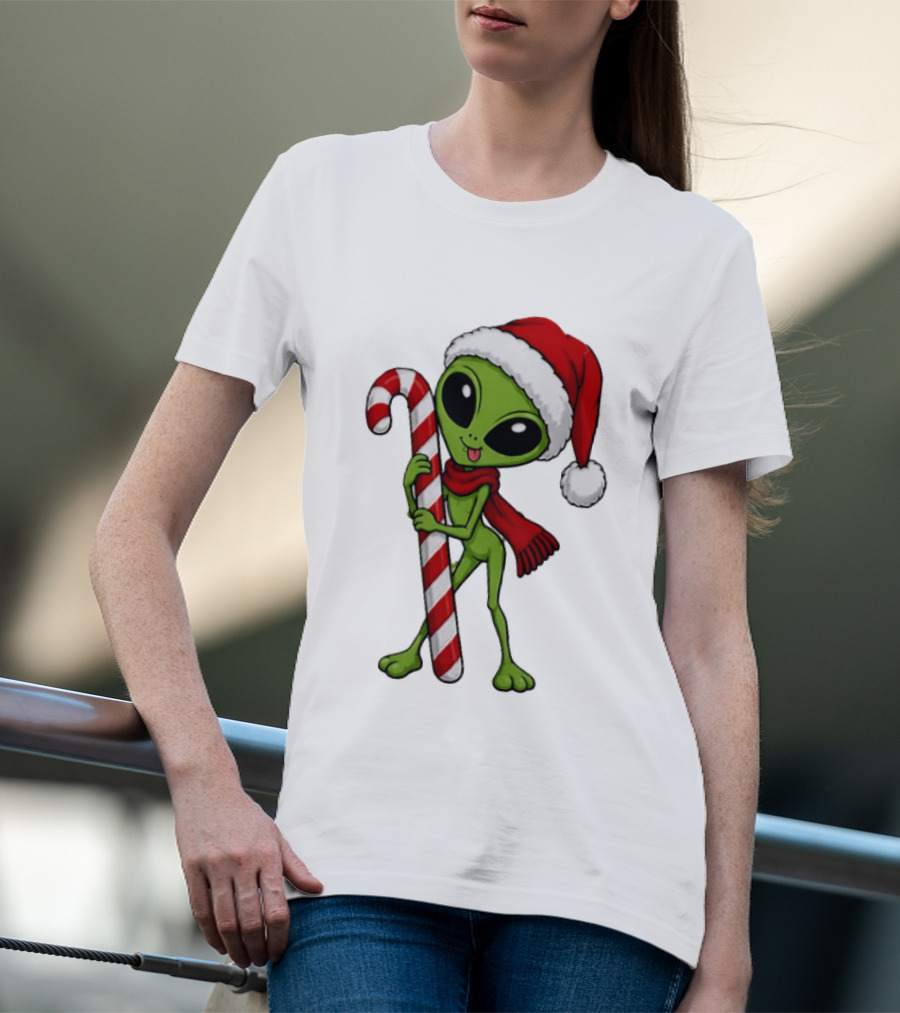 Green Santa Hat Alien With Red Scarf Holding Candy Cane Christmas T-Shirt