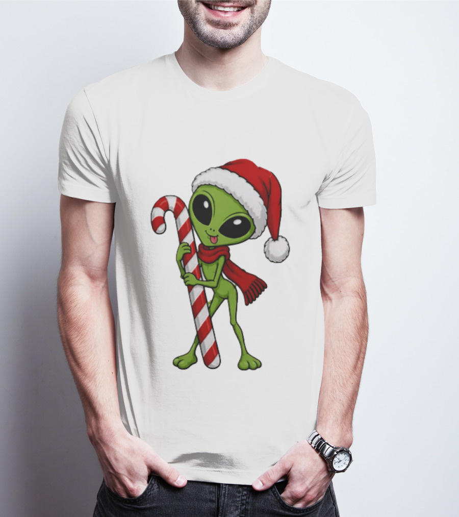 Green Santa Hat Alien With Red Scarf Holding Candy Cane Christmas T-Shirt