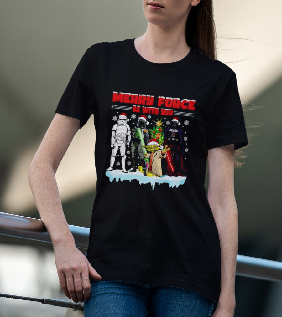 Star Wars Merry Force Be With You Christmas Characters Stormtrooper Yoda Darth Vader Santa Hats T-Shirt