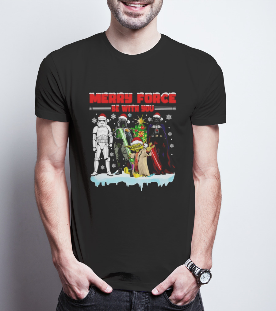 Star Wars Merry Force Be With You Christmas Characters Stormtrooper Yoda Darth Vader Santa Hats T-Shirt