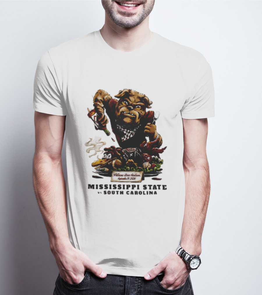 Mississippi State Vs South Carolina 2026 Bulldog Pouring Sauce On Roasted Duck Williams Brice Stadium T-Shirt