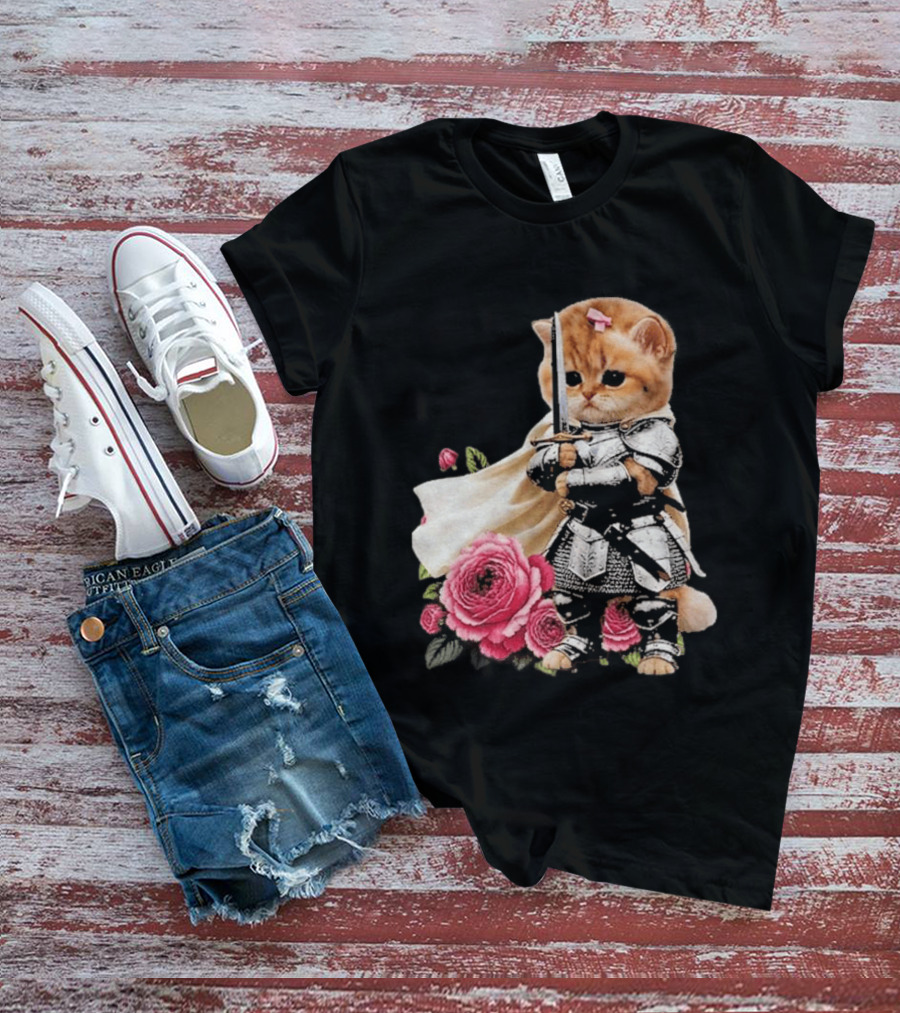 Knight Cat Holding Sword With Roses T-Shirt