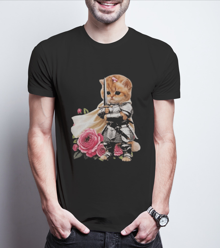 Knight Cat Holding Sword With Roses T-Shirt