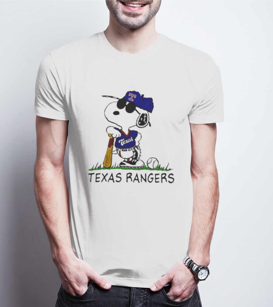 Snoopy Texas Rangers MLB Baseball Uniform With Sunglasses And Bat T-Shirt