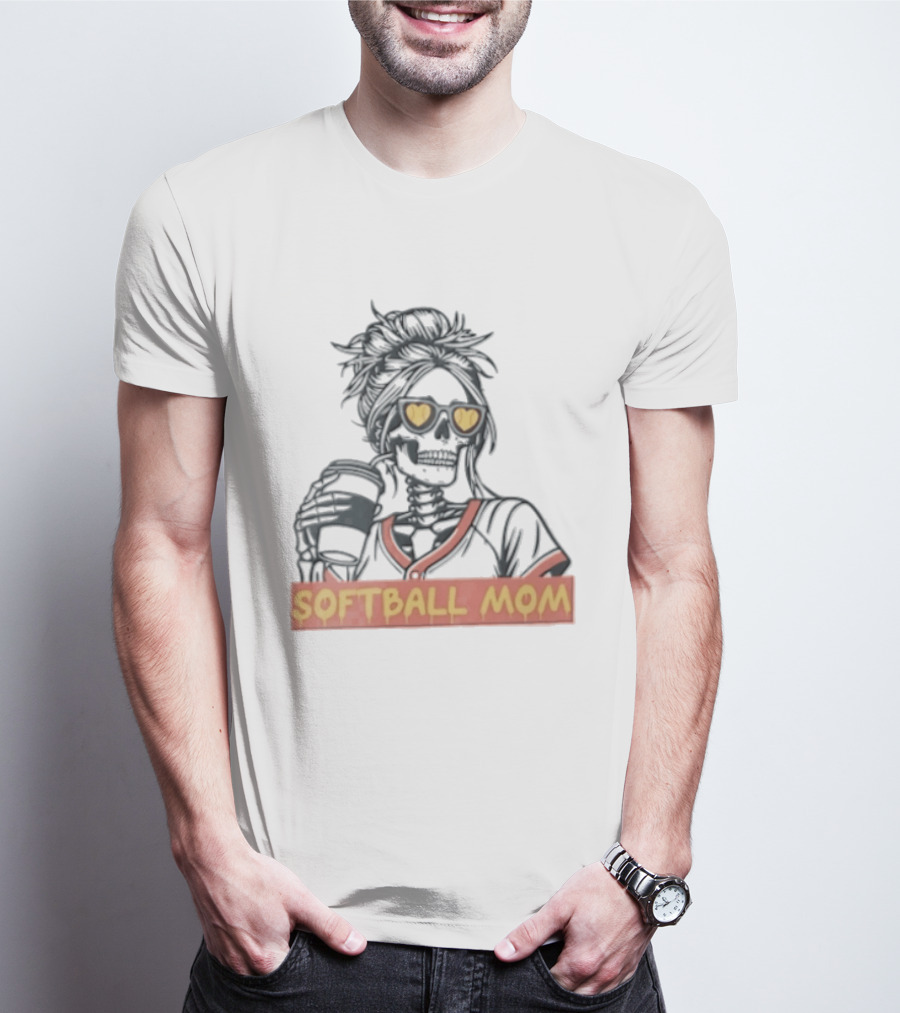 Softball MOM Skeleton Messy Bun Heart Sunglasses Coffee T-Shirt