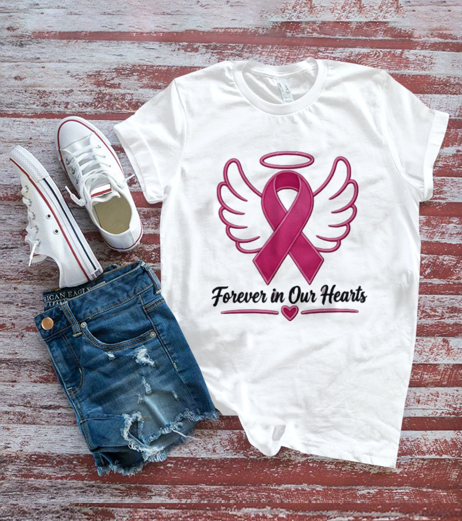 Forever In Our Hearts Breast Cancer Awareness Angel Ribbon T-Shirt