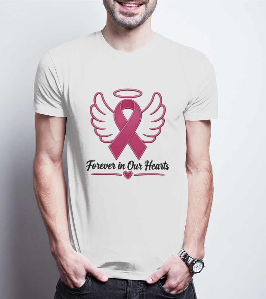 Forever In Our Hearts Breast Cancer Awareness Angel Ribbon T-Shirt