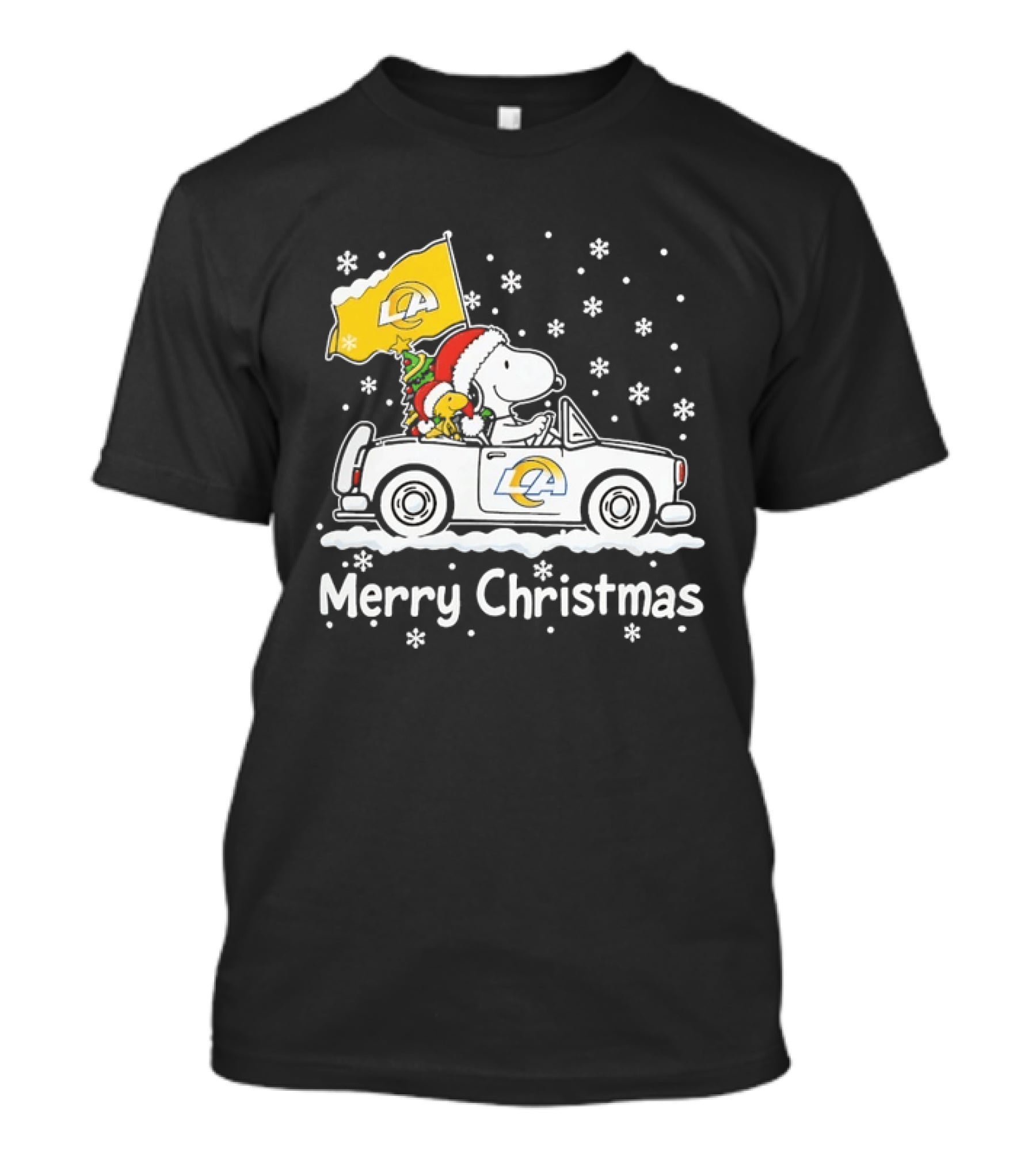 Los Angeles Rams Snoopy Woodstock Merry Christmas Car Holiday T-Shirt