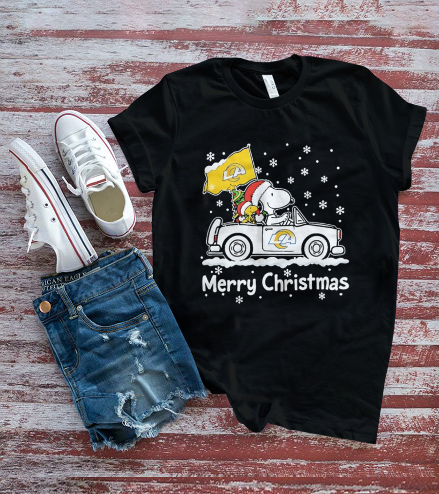 Los Angeles Rams Snoopy Woodstock Merry Christmas Car Holiday T-Shirt