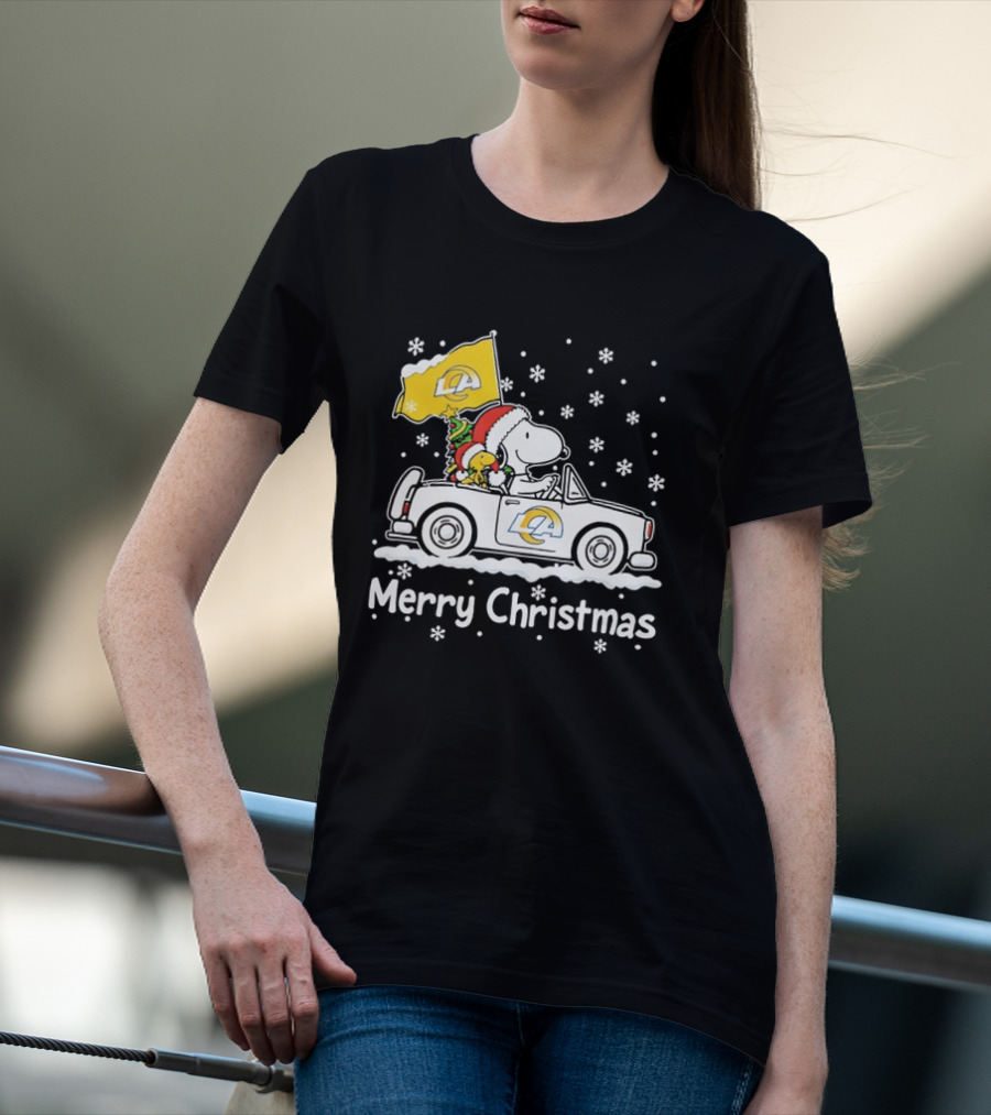 Los Angeles Rams Snoopy Woodstock Merry Christmas Car Holiday T-Shirt