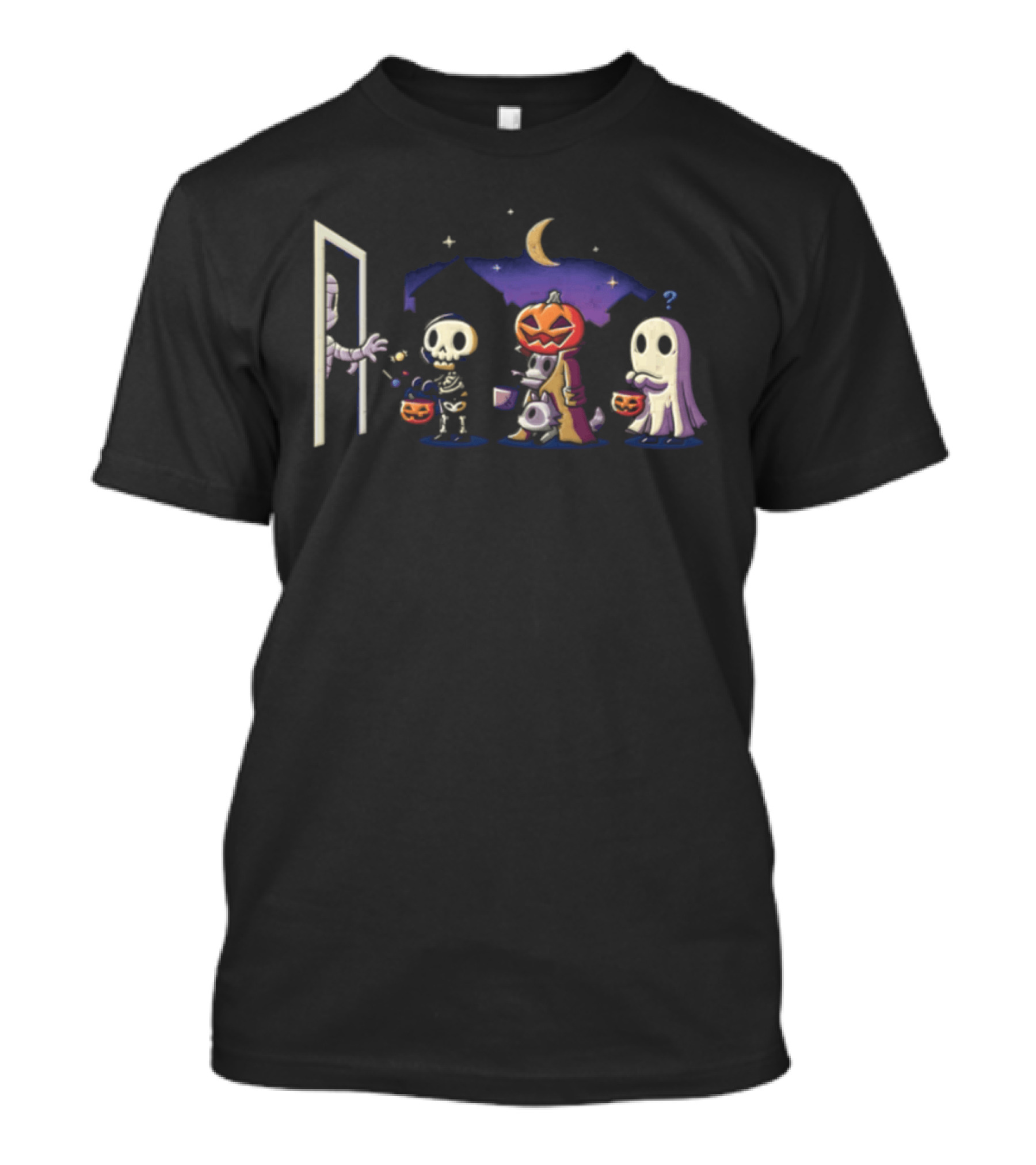 Mummy Giving Out Candy Trick Or Treat Halloween Infiltrator Ghost Pumpkin Skeleton T-Shirt