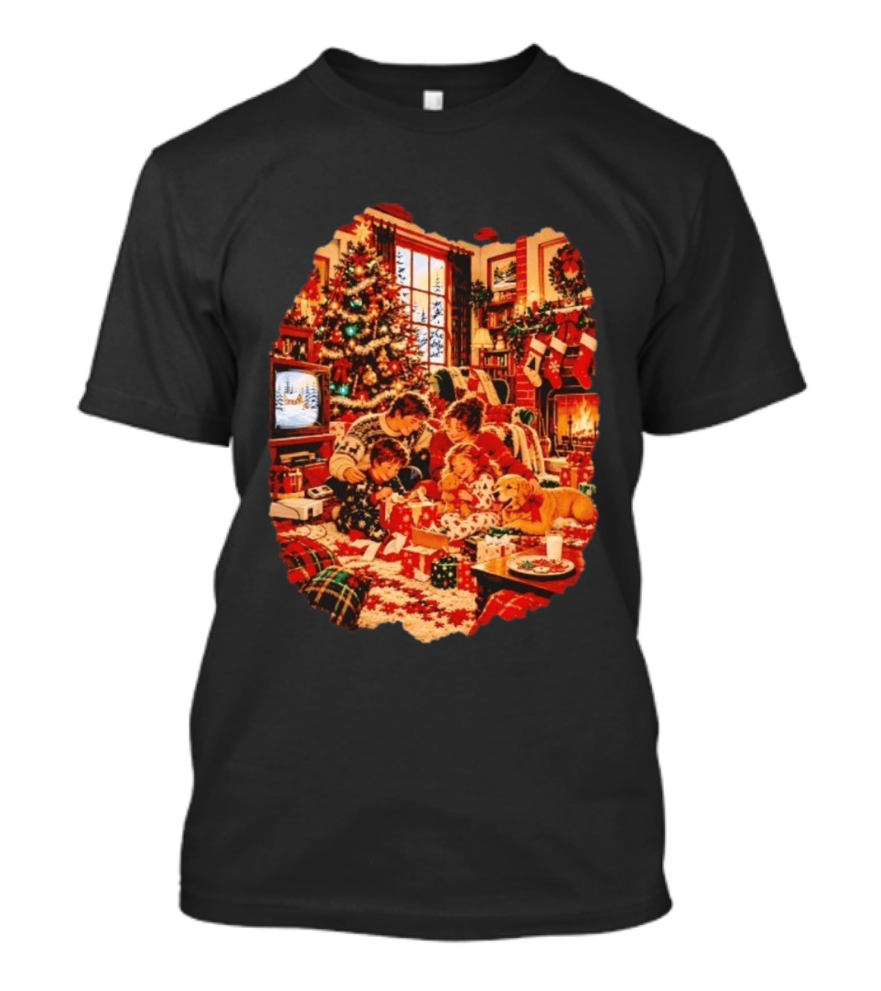 Cozy Christmas Morning Family Scene By The Fireplace With Tree And Stockings T-Shirt