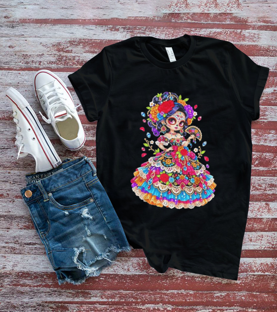 Day Of The Dead Catrina Girl Floral Dress Colorful Sugar Skull T-Shirt