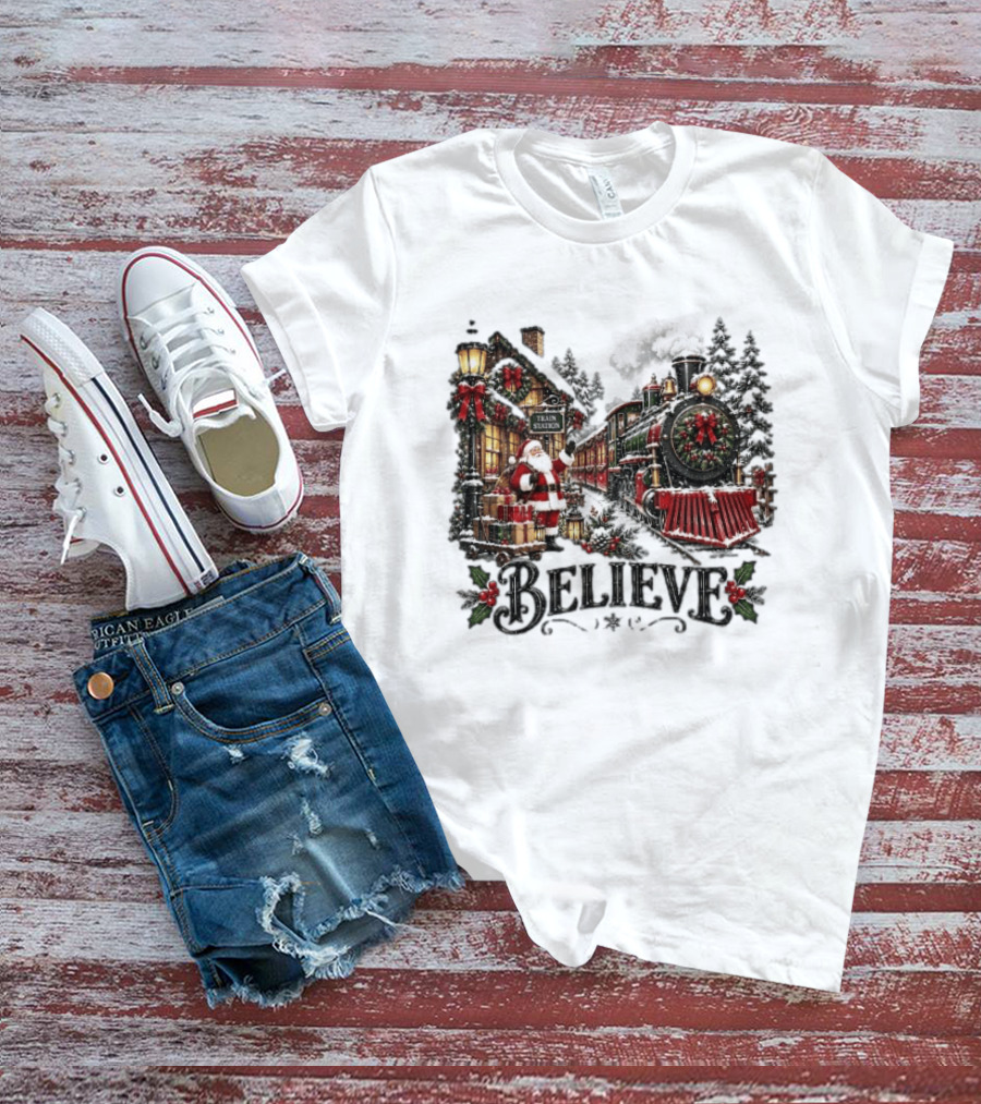 Believe Santa Claus At The Christmas Train Station With Snowy Locomotive Ornaments T-Shirt
