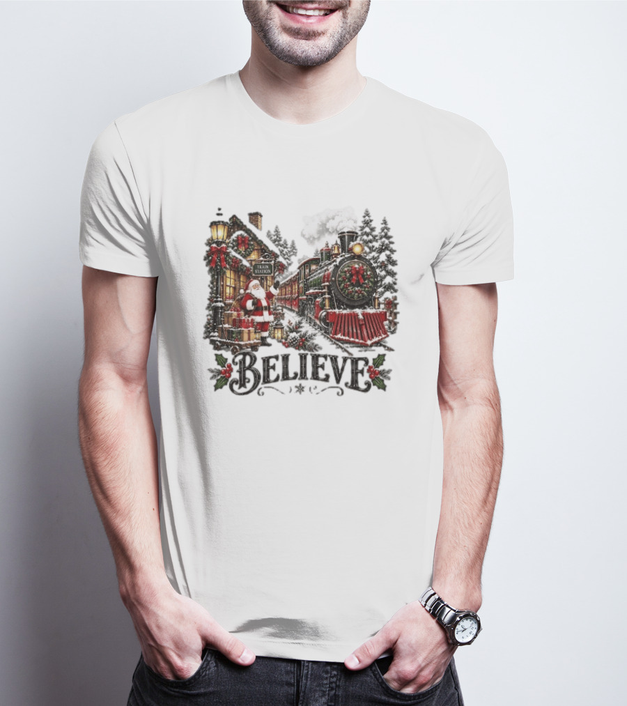 Believe Santa Claus At The Christmas Train Station With Snowy Locomotive Ornaments T-Shirt