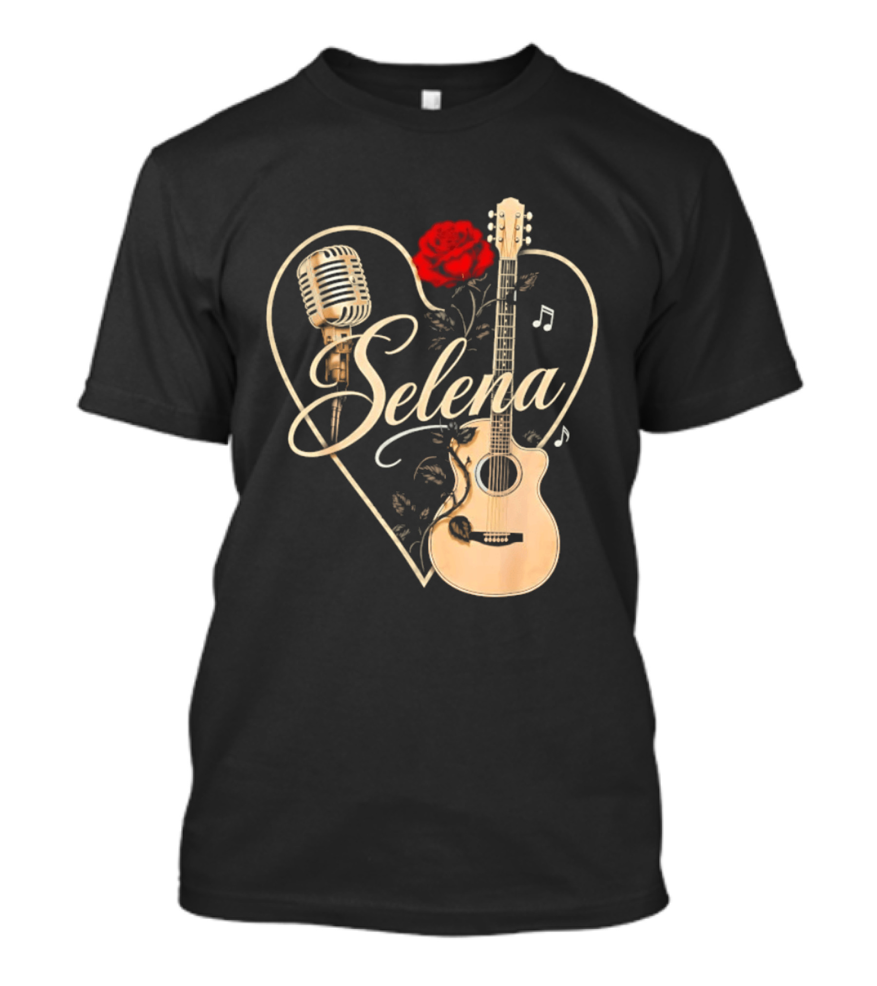 Selena Heart With Rose Microphone Guitar Music Notes T-Shirt