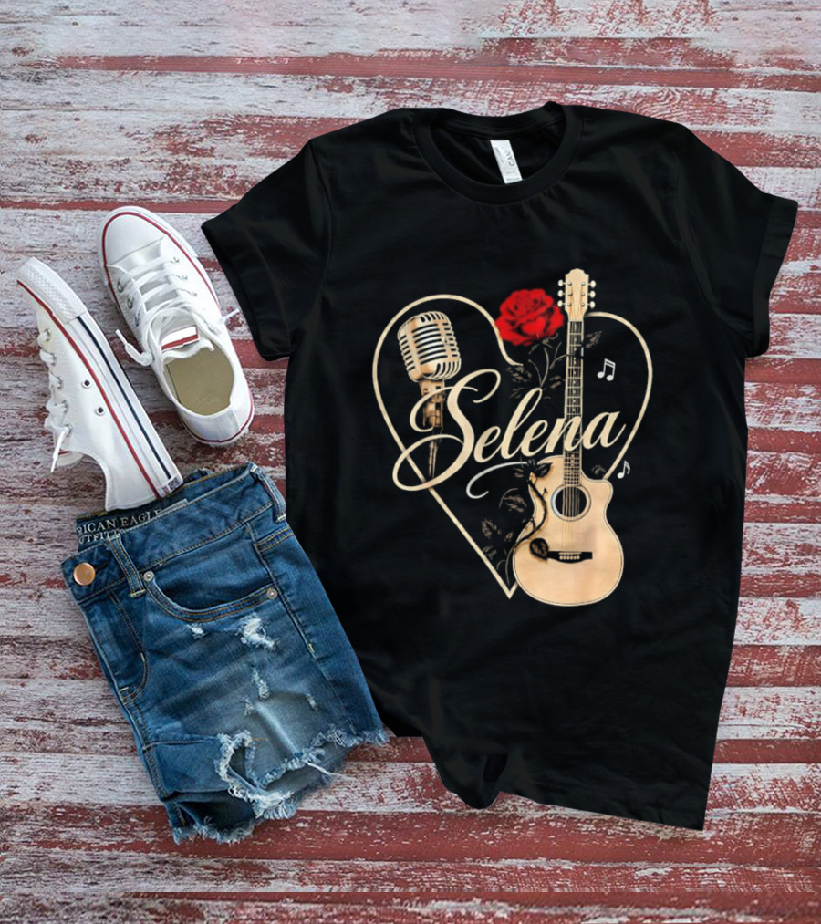 Selena Heart With Rose Microphone Guitar Music Notes T-Shirt