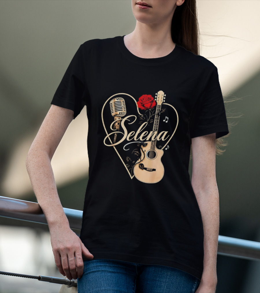 Selena Heart With Rose Microphone Guitar Music Notes T-Shirt