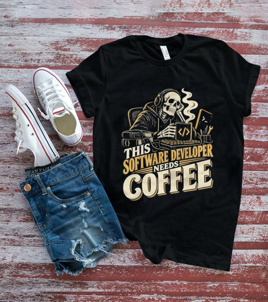 This Software Developer Needs Coffee Coding Skeleton T-Shirt