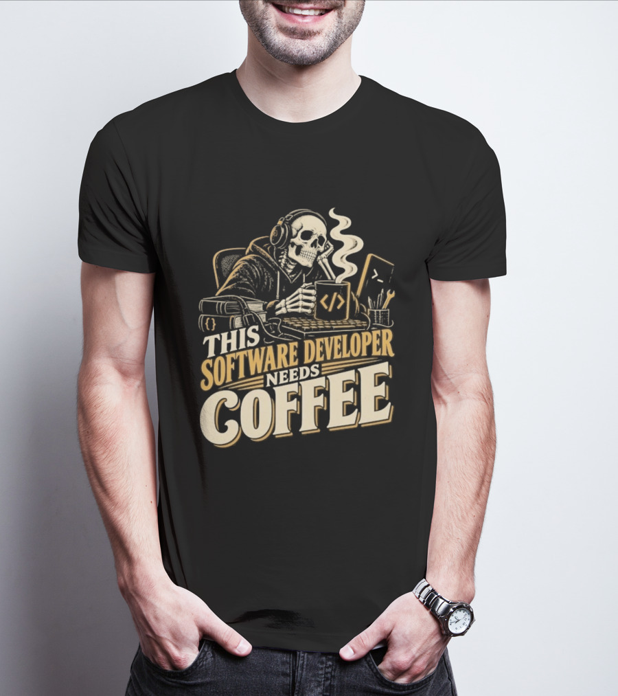 This Software Developer Needs Coffee Coding Skeleton T-Shirt