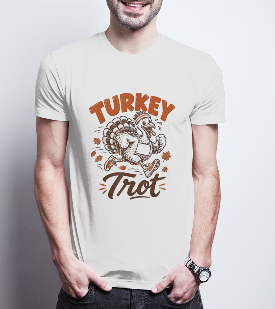 Turkey Trot Running Thanksgiving Holiday Turkey With Headband And Falling Leaves T-Shirt