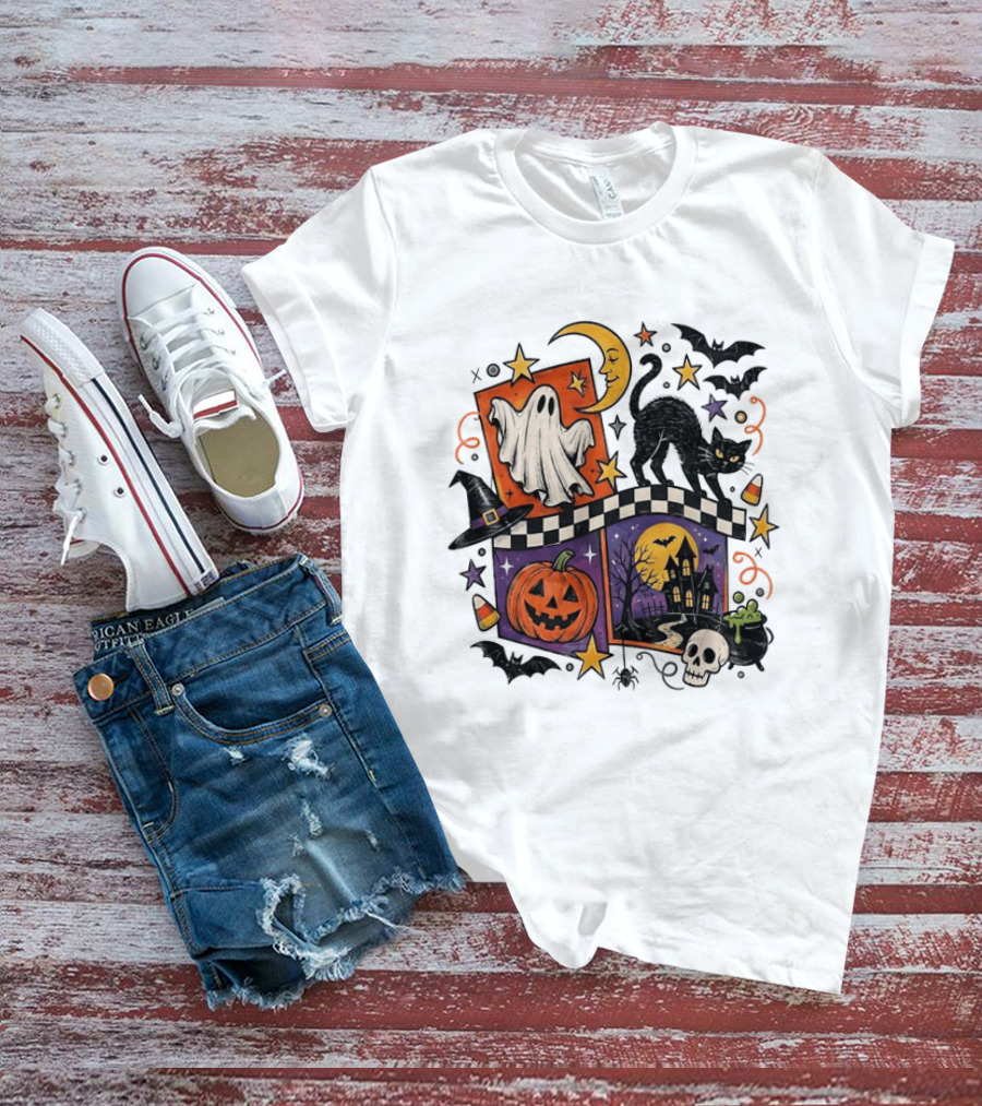Halloween Ghost Cat Moon Pumpkin Witch Hat Skull Scene T-Shirt