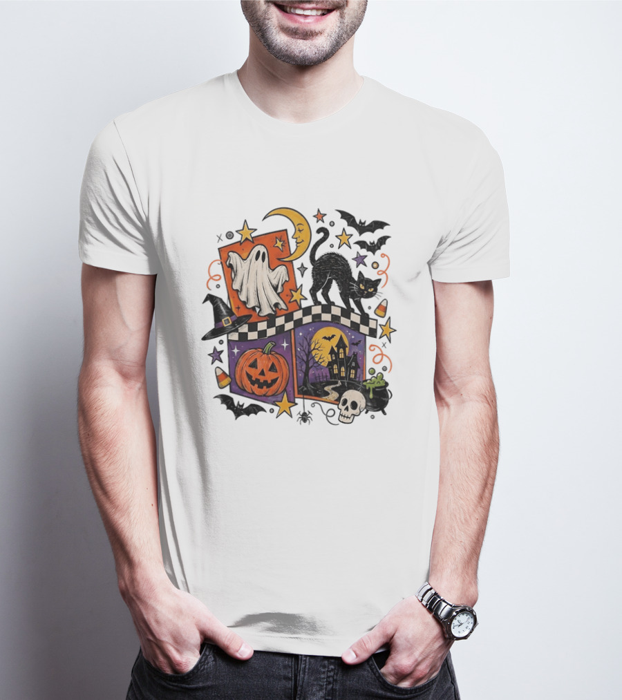Halloween Ghost Cat Moon Pumpkin Witch Hat Skull Scene T-Shirt