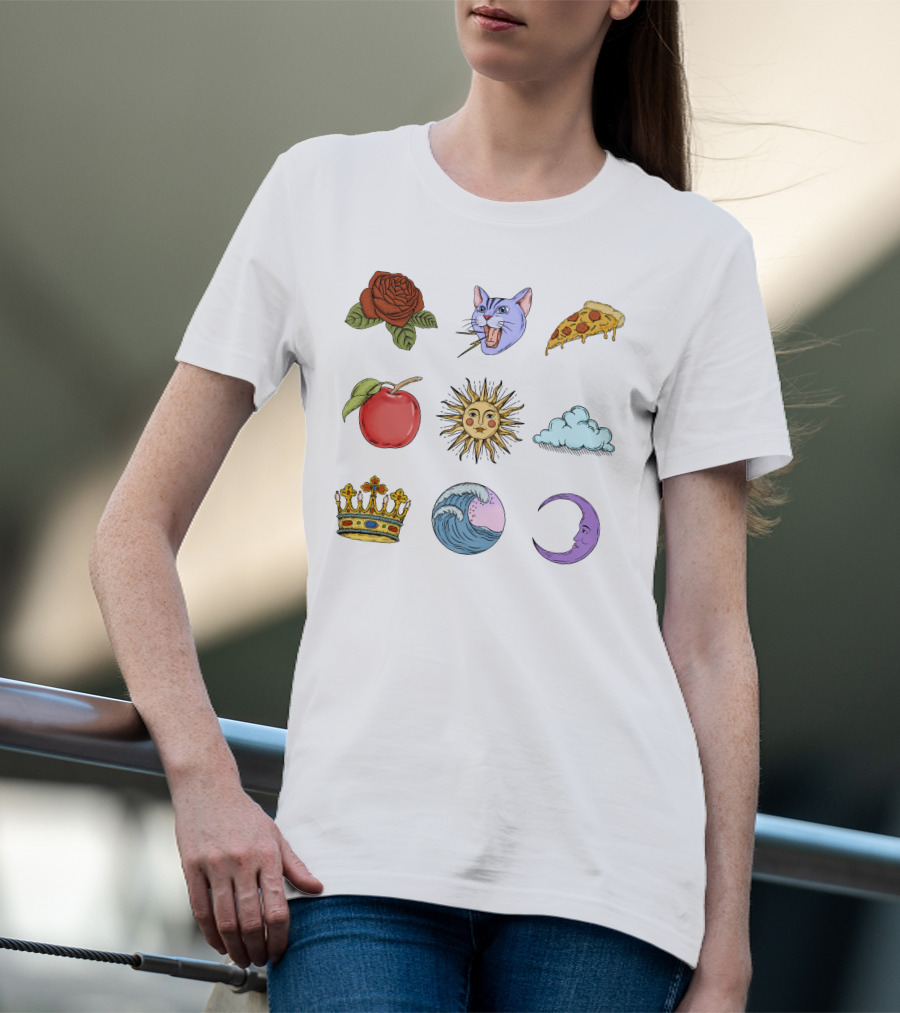 Rose Cat Pizza Apple Sun Cloud Crown Wave Moon T-Shirt