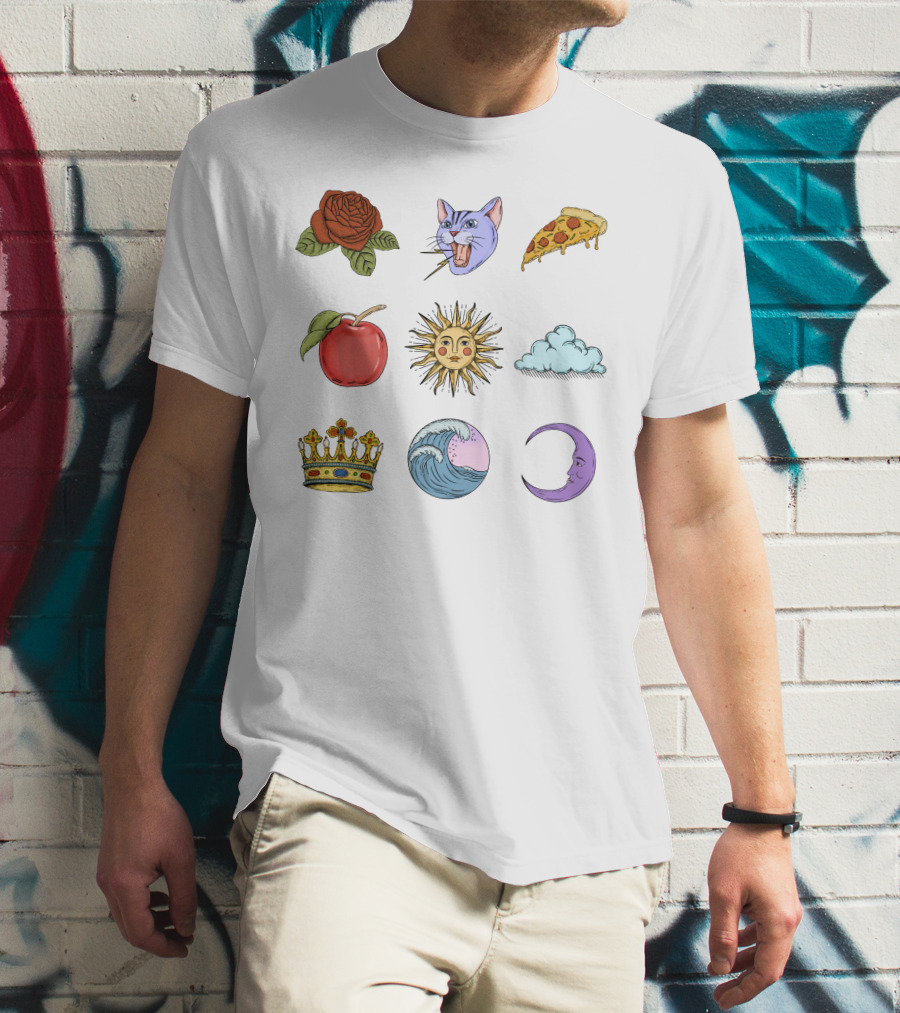 Rose Cat Pizza Apple Sun Cloud Crown Wave Moon T-Shirt