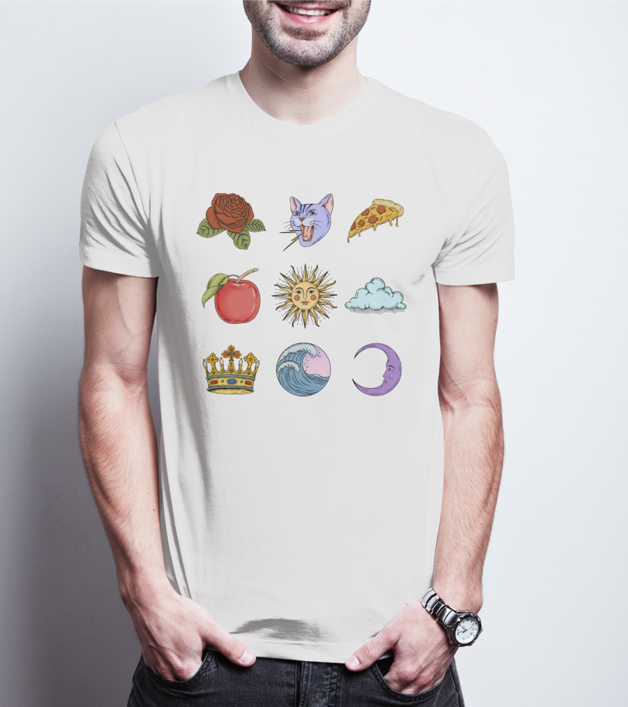 Rose Cat Pizza Apple Sun Cloud Crown Wave Moon T-Shirt