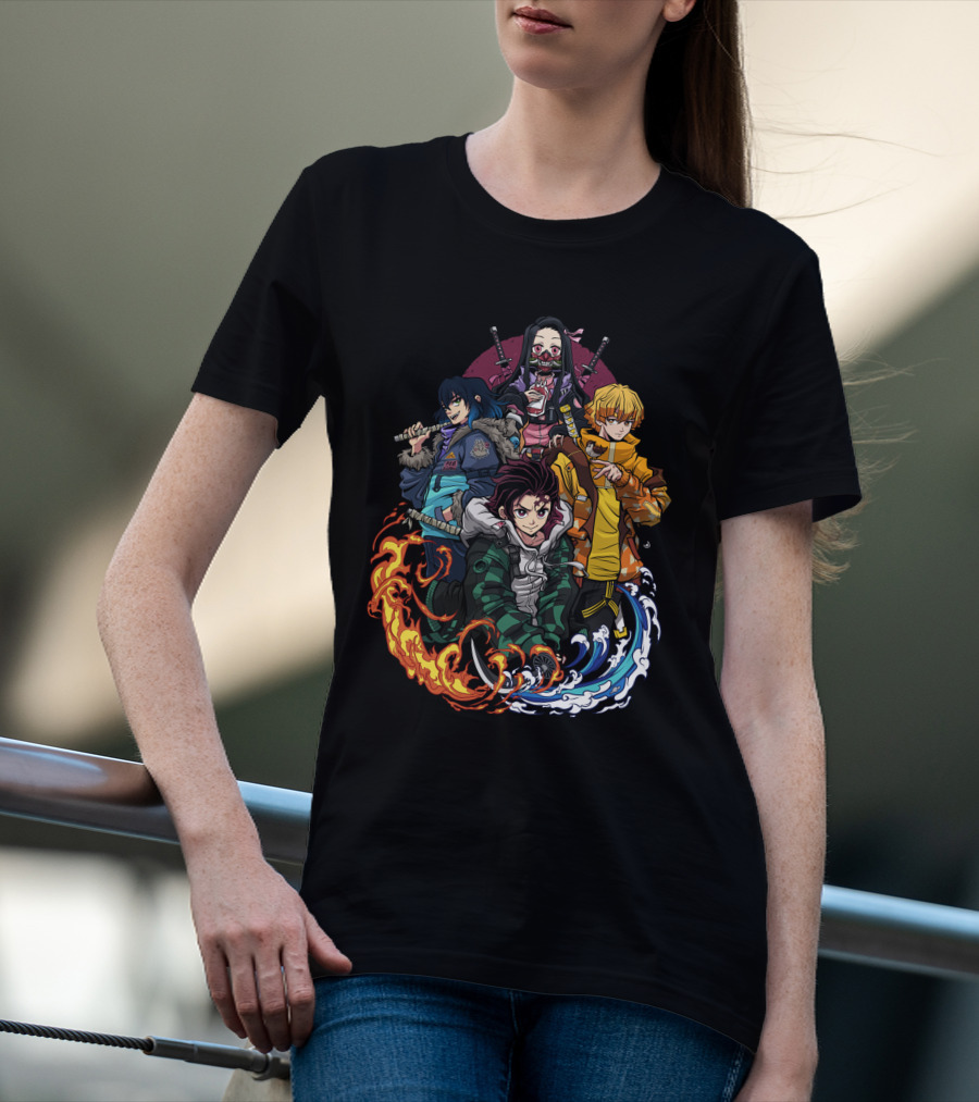 Kimetsu No Yaiba Demon Slayer Tanjiro Nezuko Zenitsu Inosuke Elemental Power Poses T-Shirt