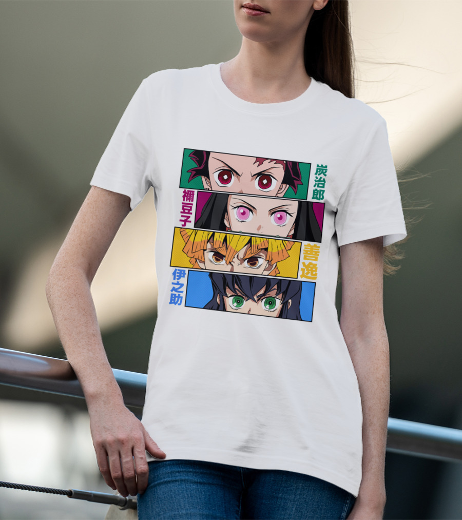 Demon Slayer Kimetsu No Yaiba Tanjiro Nezuko Zenitsu Inosuke Character Faces T-Shirt