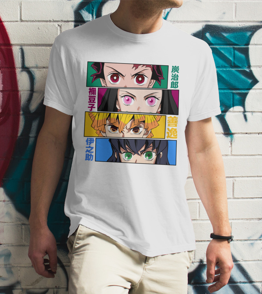 Demon Slayer Kimetsu No Yaiba Tanjiro Nezuko Zenitsu Inosuke Character Faces T-Shirt