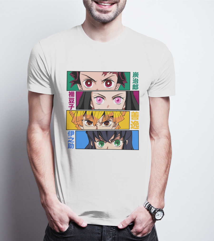 Demon Slayer Kimetsu No Yaiba Tanjiro Nezuko Zenitsu Inosuke Character Faces T-Shirt
