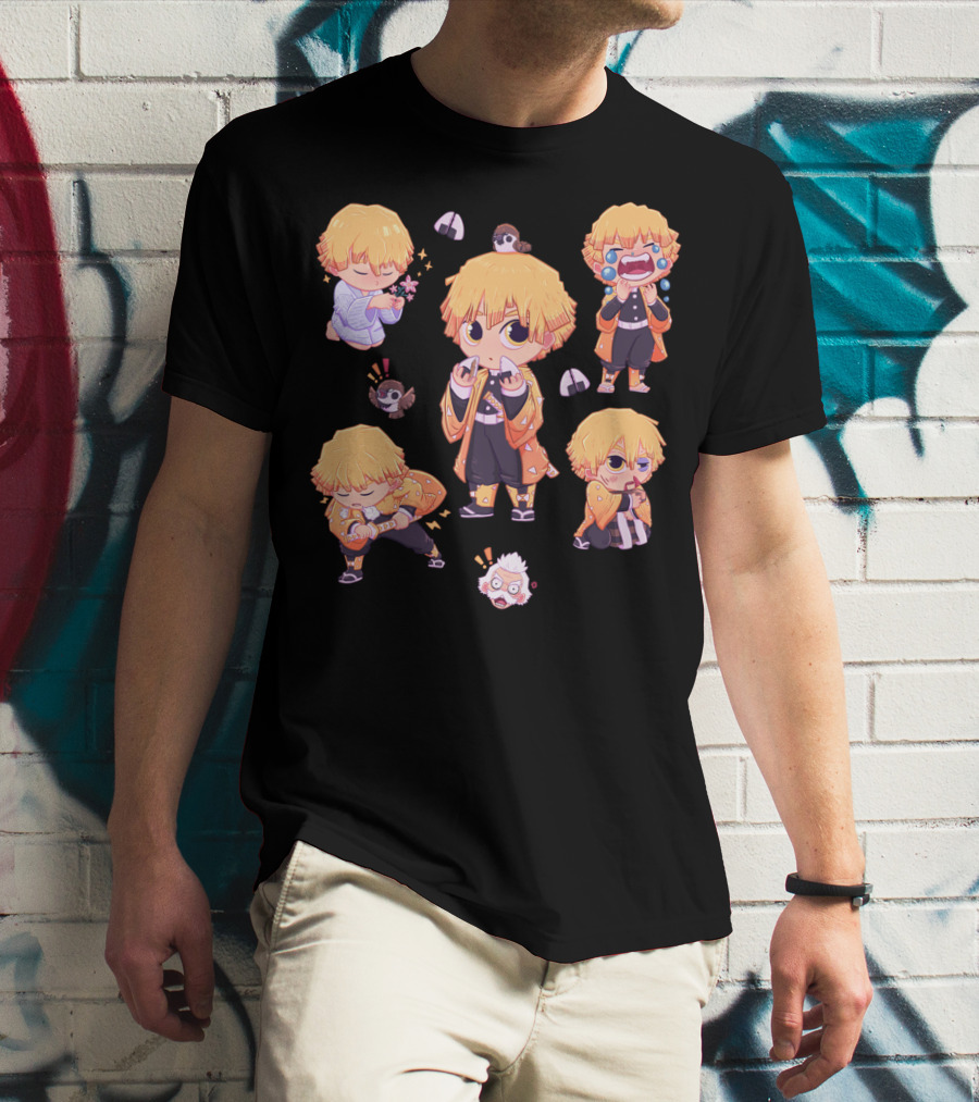 Demon Slayer Kimetsu No Yaiba Zenitsu Chibi Diverse Expressions And Birds Collection T-Shirt