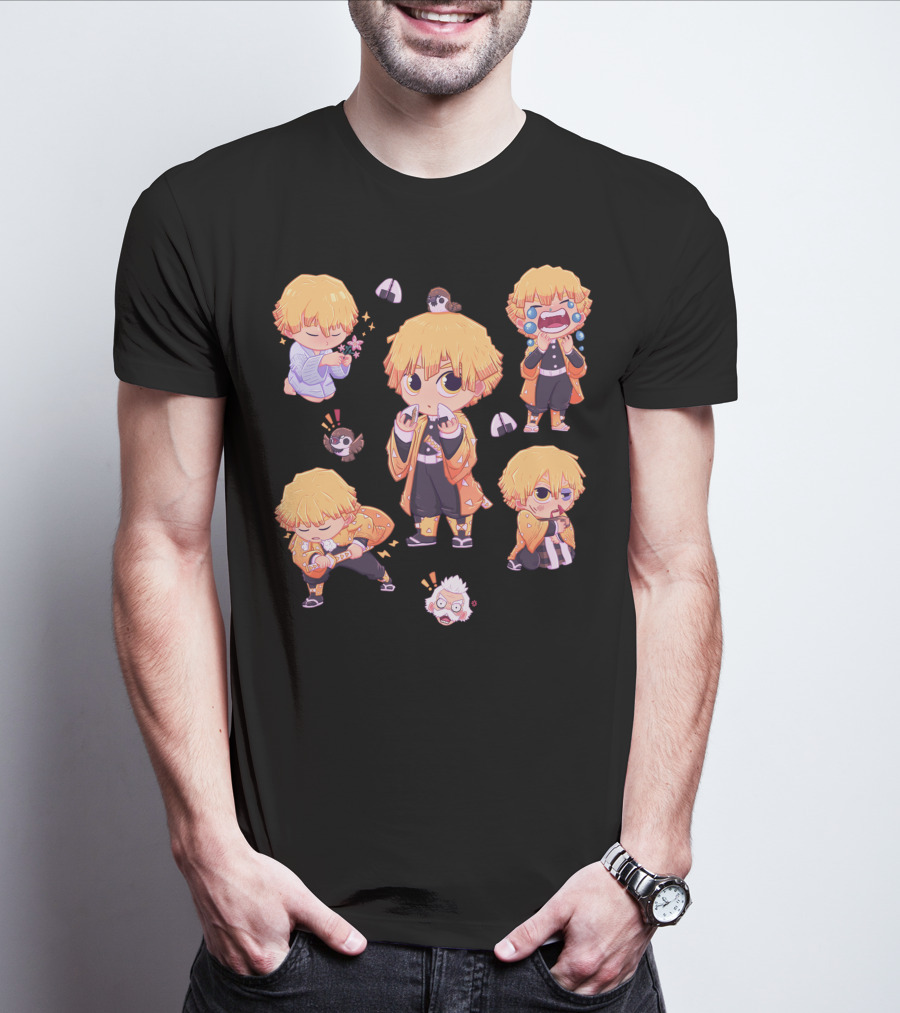 Demon Slayer Kimetsu No Yaiba Zenitsu Chibi Diverse Expressions And Birds Collection T-Shirt