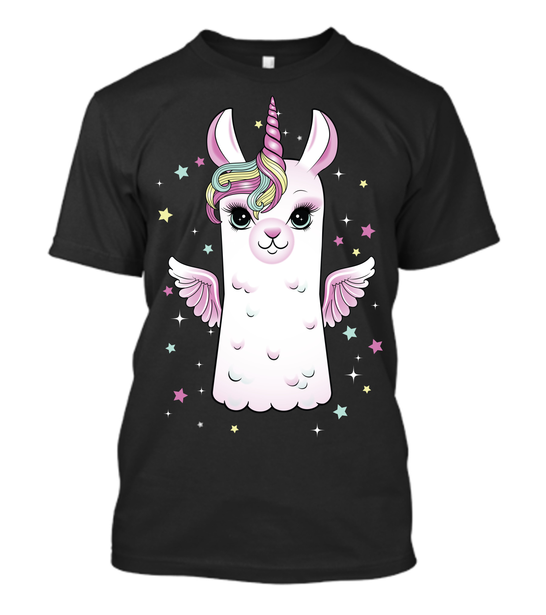 Llama Unicorn With Rainbow Mane And Wings Surrounded By Stars T-Shirt