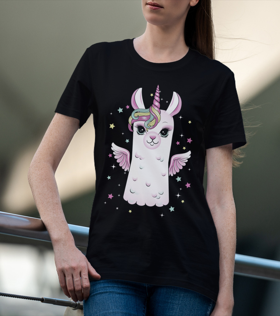 Llama Unicorn With Rainbow Mane And Wings Surrounded By Stars T-Shirt