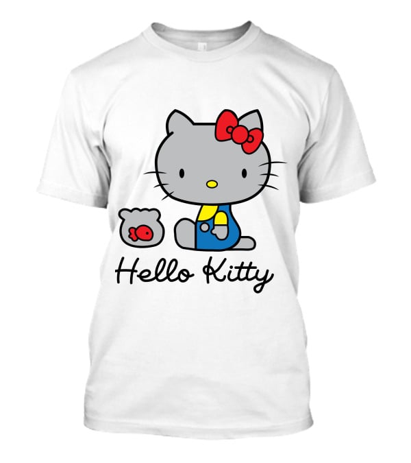 Hello Kitty Gray Cat With Red Bow And Fish Bowl T-Shirt