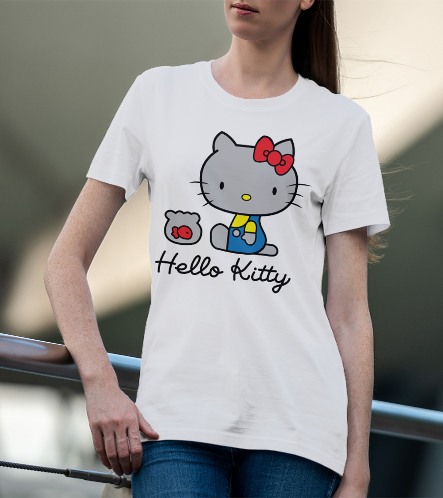Hello Kitty Gray Cat With Red Bow And Fish Bowl T-Shirt