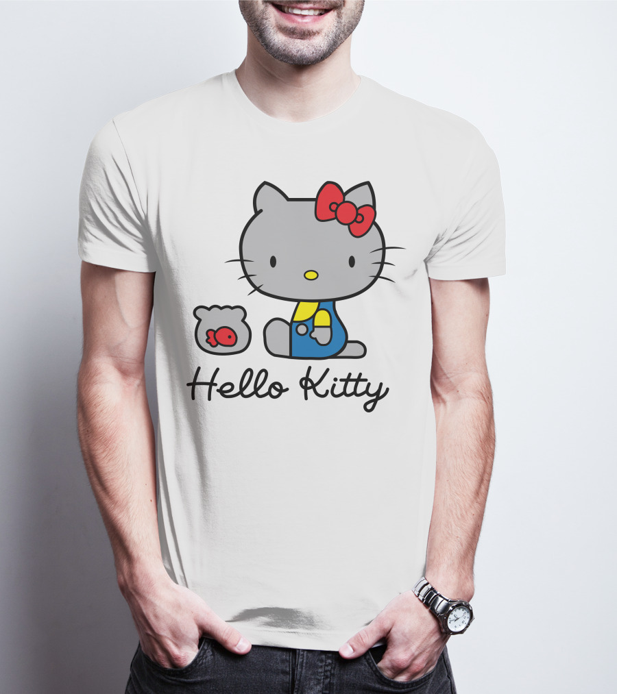 Hello Kitty Gray Cat With Red Bow And Fish Bowl T-Shirt