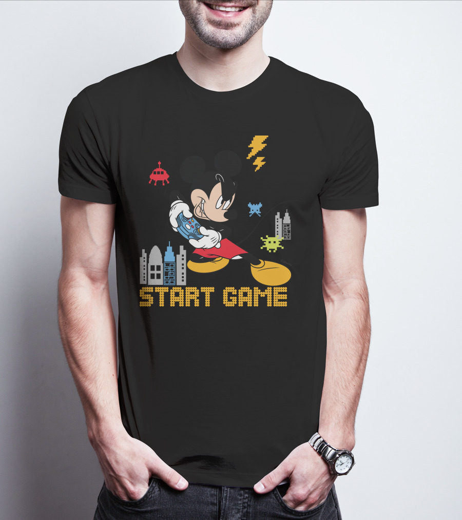 Mickey Holding Controller Retro Gaming City Start Game T-Shirt