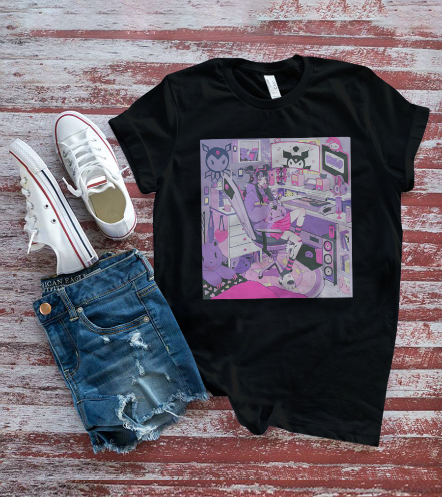 Kiru Made Fuku Mono Lavender Mood Vacuum Anime Gaming Room With Kuro Plushies And Headset Gamer Girl T-Shirt