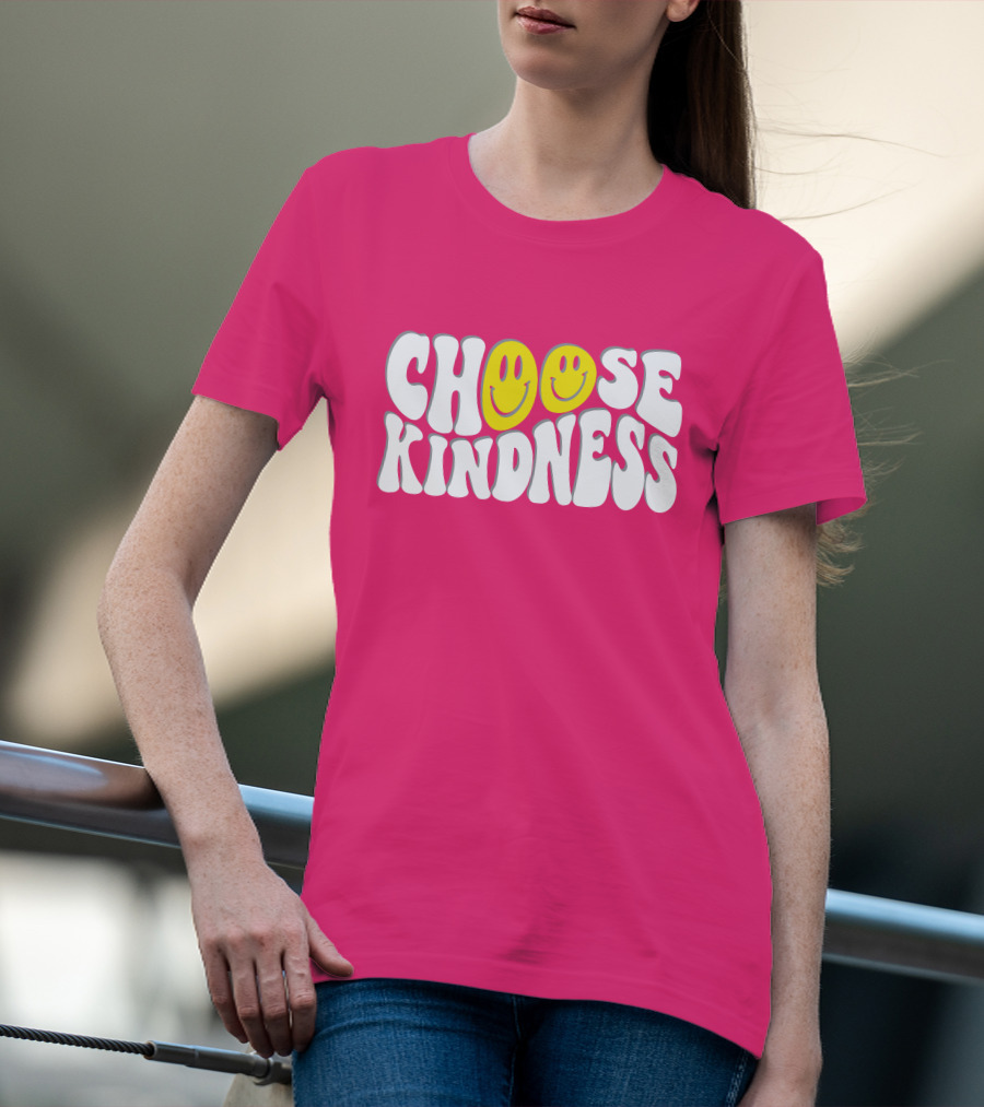 Miss Natali S Choose Kindness Smiley Face Groovy Font Pink Background T-Shirt
